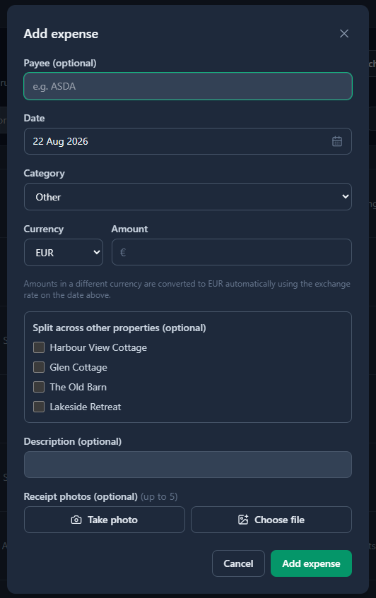 Add expense form in Hosts Assist, with category, amount, and a receipt photo option
