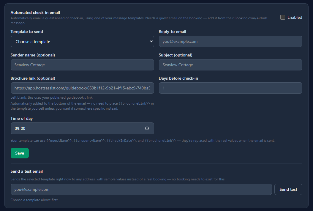 Hosts Assist automated check-in email settings, with sender name, subject, and brochure link fields