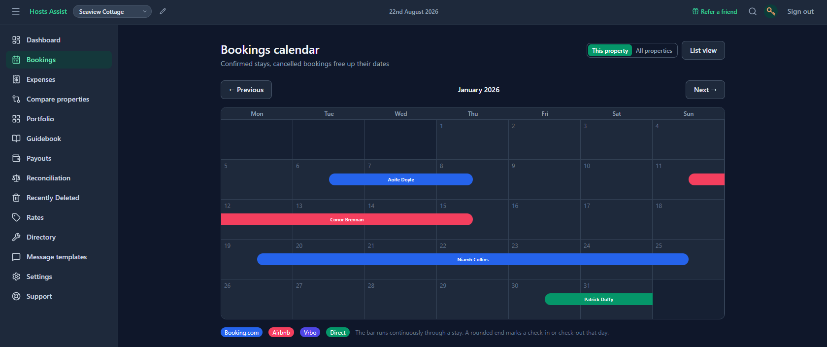 Hosts Assist bookings calendar, showing stays color-coded by platform: Booking.com, Airbnb, Vrbo, and Direct