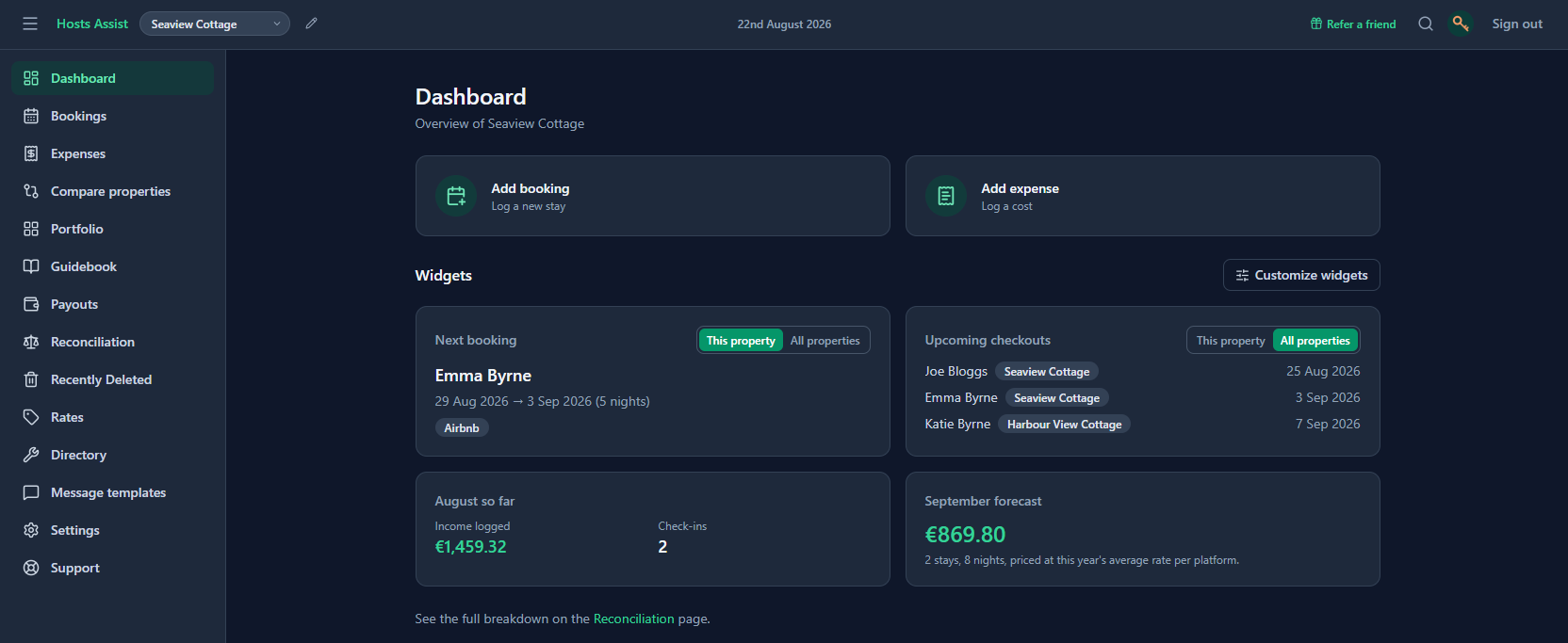 Hosts Assist dashboard, showing next booking, upcoming checkouts, and this month's income at a glance