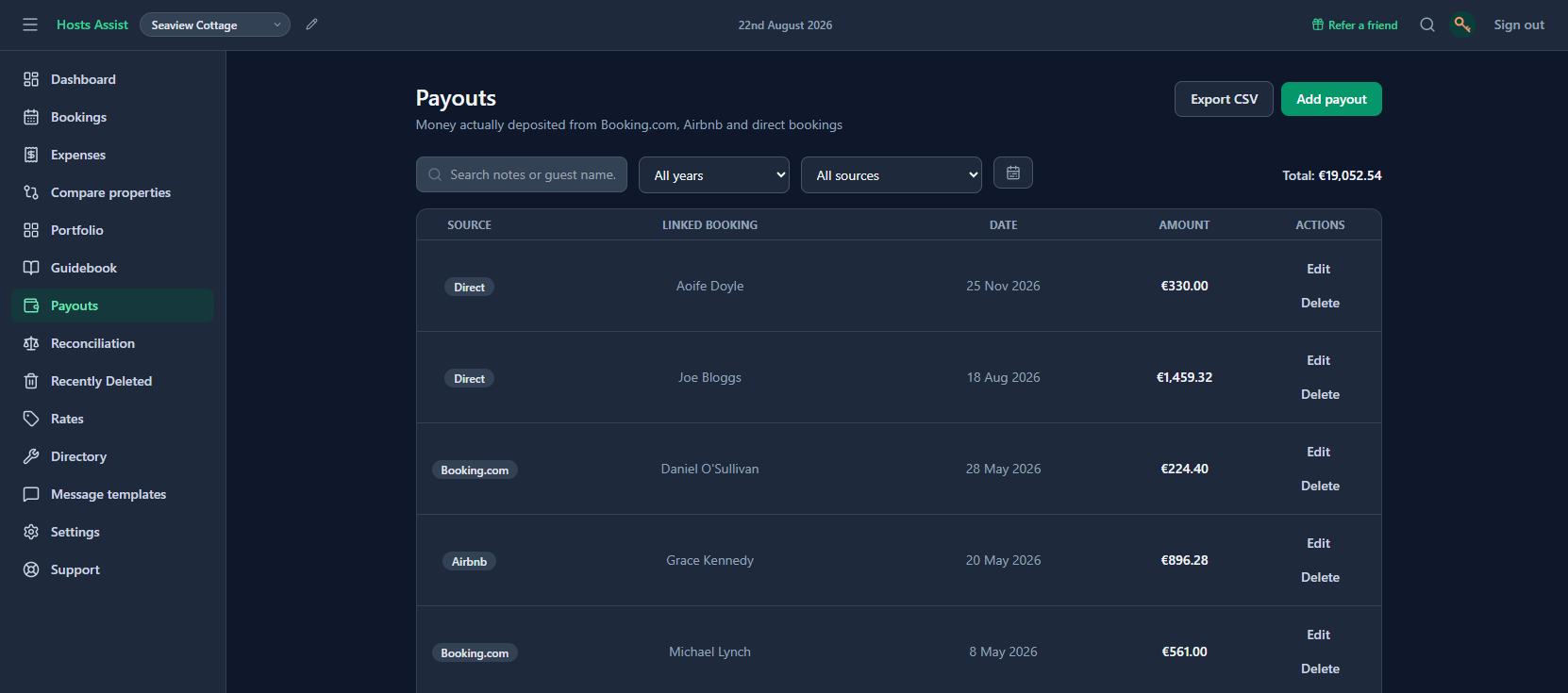Hosts Assist Payouts page, listing each payout with its source and the booking it's linked to