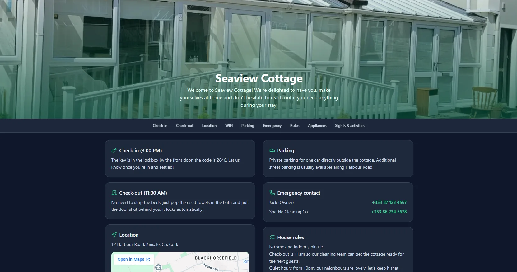 A real Hosts Assist guest guidebook page, with check-in, parking, emergency contact, and house rules sections
