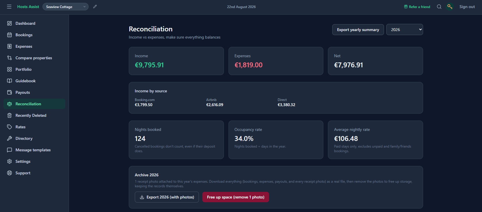Hosts Assist Reconciliation page, with an export yearly summary button and an archive year section